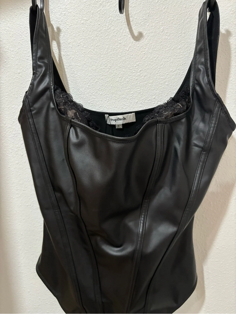 Lush Black Faux-Leather Kids One-Piece Bodysuit with Lace Trim